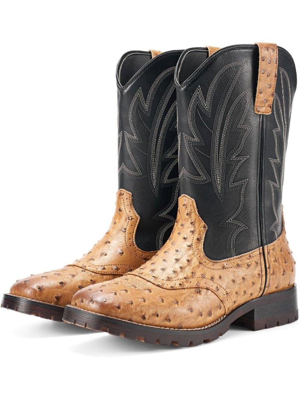 Men's Brown/Black Synthetic Western Cowboy Square Toe Embroidered Pull-On Boots